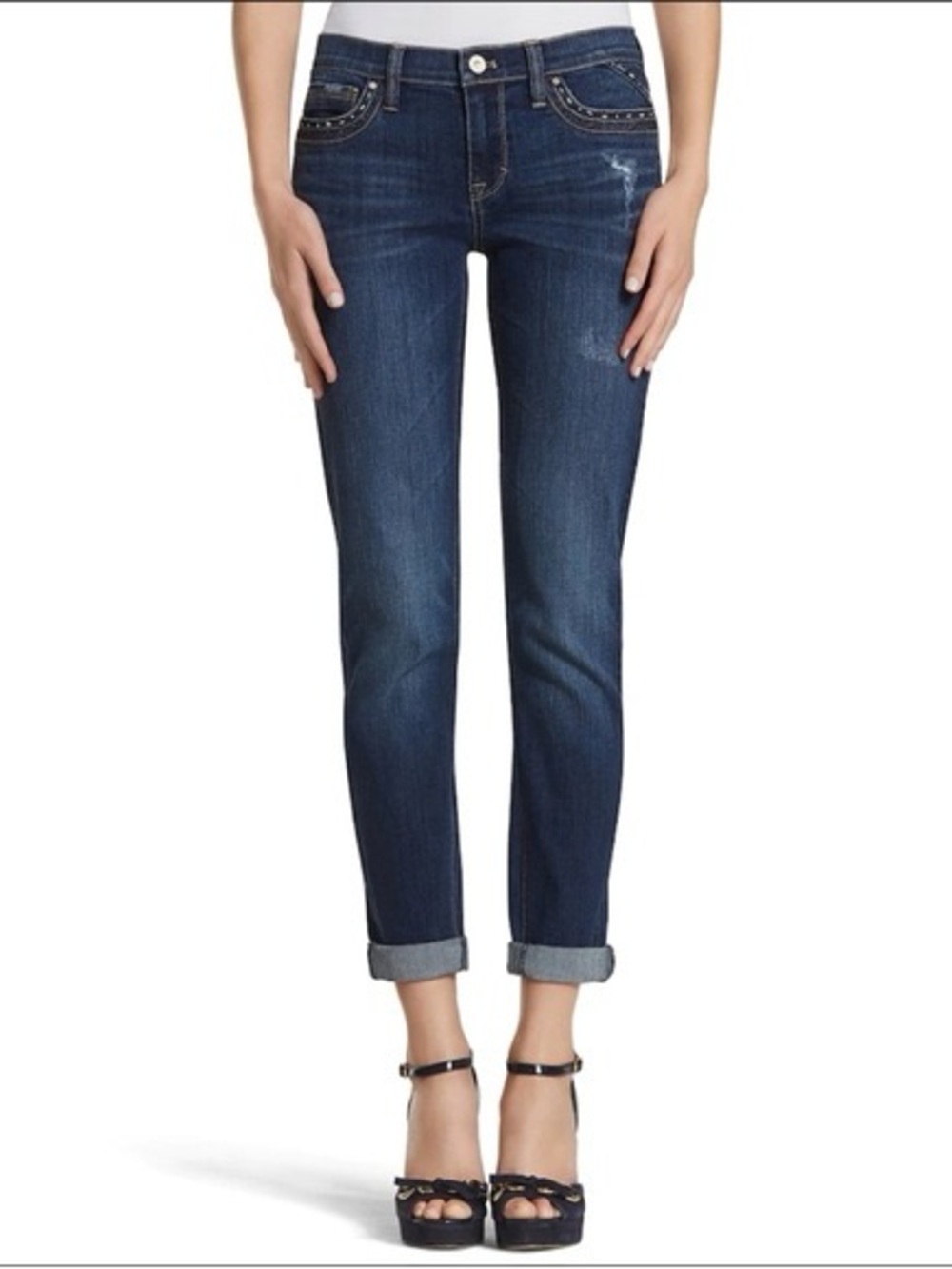 WHBM Saint Honore Girlfriend Distressed Jeans SZ 2 Parisian Chic Polished Edgy